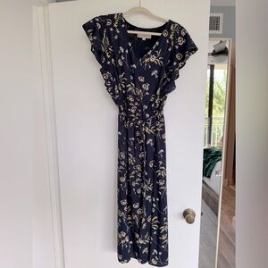 Loft navy a-line midi dress with floral pattern. Large tall.